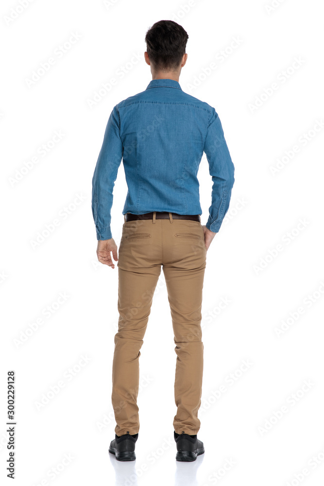 Poster back view of smart casual man wearing blue shirt