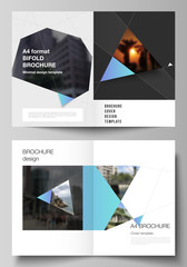 The vector layout of two A4 format modern cover mockups design templates for bifold brochure, magazine, flyer, report. Creative background with blue triangles and triangular shapes. Simple design.