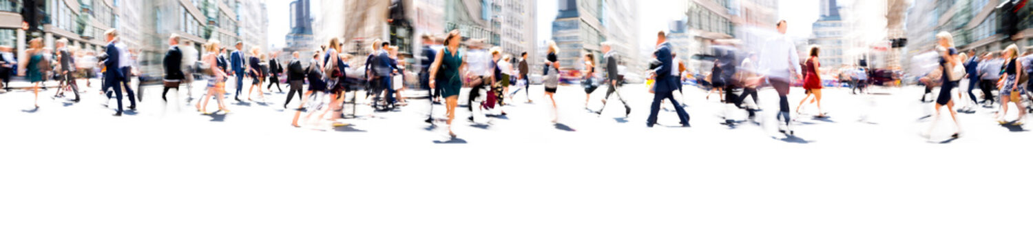 Walking People Blur. Lots Of People Walking In The City Of London. Wide Panoramic View Of People Crossing The Road. 