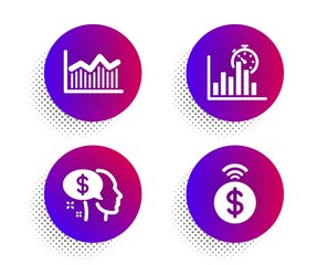 Fototapeta na wymiar Report timer, Pay and Money diagram icons simple set. Halftone dots button. Contactless payment sign. Growth chart, Beggar, Currency diagram. Financial payment. Finance set. Vector