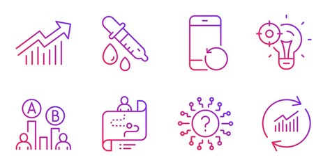 Seo idea, Recovery phone and Ab testing line icons set. Journey path, Question mark and Demand curve signs. Chemistry pipette, Update data symbols. Performance, Backup smartphone. Vector