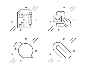 Messenger mail, Messenger and Report document line icons set. Paper clip sign. New e-mail, Speech bubble, Growth chart. Attach paperclip. Education set. Line messenger mail outline icon. Vector