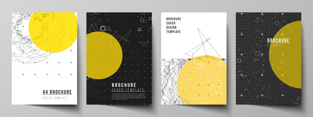 Vector layout of A4 format modern cover mockups design templates for brochure, magazine, flyer, report. Science or technology 3d background with dynamic particles. Chemistry and science concept.