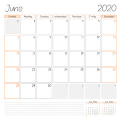 Calendar planner for June 2020. Week starts on Sunday. Vector illustration