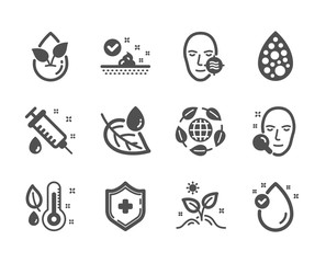 Set of Healthcare icons, such as Problem skin, Skin care, Artificial colors, Organic product, Leaf dew, Face search, Eco organic, Thermometer, Vitamin e, Grow plant, Medical shield. Vector