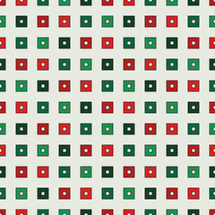 Seamless pattern with geometric ornament in Christmas traditional colors. Repeated bright square abstract background.