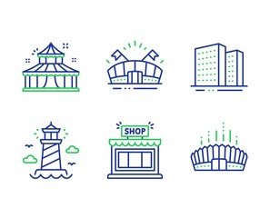 Circus, Buildings and Shop line icons set. Lighthouse, Sports arena and Arena stadium signs. Attraction park, Town apartments, Store. Beacon tower. Buildings set. Line circus outline icons. Vector