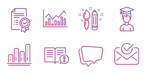 Speech bubble, Graph chart and Facts line icons set. Infochart, Creativity and Student signs. Certificate, Approved mail symbols. Chat message, Growth report. Education set. Vector