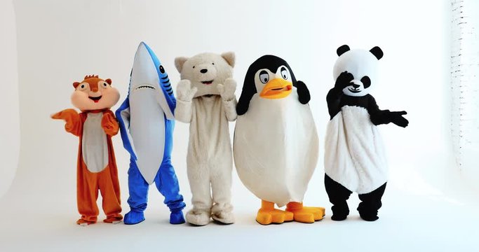 Polar bear and animal mascots characters with a message for humanity, about global warming and pollution problems on our planet