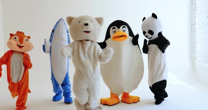 Polar bear and animal mascots characters with a message for humanity, about global warming and pollution problems on our planet