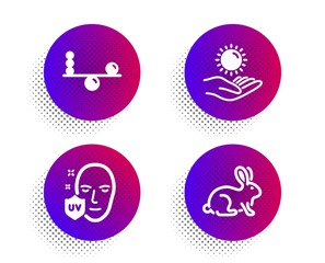 Balance, Uv protection and Sun protection icons simple set. Halftone dots button. Animal tested sign. Concentration, Ultraviolet, Ultraviolet care. Bio product. Healthcare set. Vector