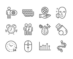 Set of Science icons, such as Time management, Survey, Face protection, Cogwheel, Swipe up, Flash memory, Timeline, Safe planet, Growth chart, Dirty water, 24 hours, Ram line icons. Vector