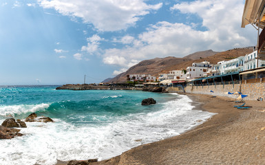 Coast with blue lagoon in Chora Sfakion town, Crete island, Greece