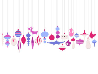 Vector illustration of various hanging Christmas tree ornaments on white background