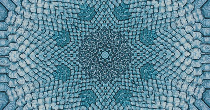 Parallax effect. Radial blue snake skin background. Snake skin texture closeup. 4k zoom in footage