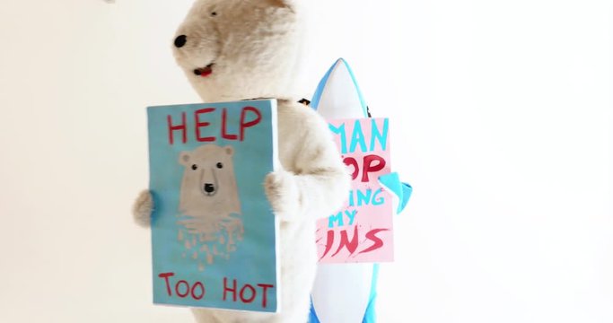 Polar bear and animal mascots characters with a message for humanity, about global warming and pollution problems on our planet