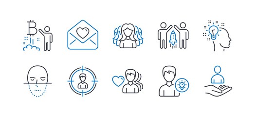 Set of People icons, such as Love letter, Bitcoin project, Partnership, Idea, Man love, Headhunting, Women group, Person idea, Face recognition, Recruitment line icons. Line love letter icon. Vector