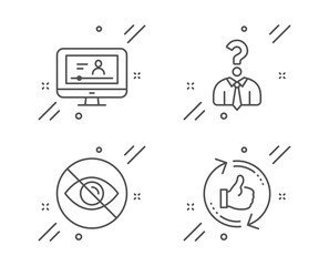 Online video, Hiring employees and Not looking line icons set. Refresh like sign. Video exam, Human resources, Eye care. Thumbs up counter. Business set. Line online video outline icon. Vector
