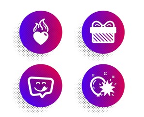 Yummy smile, Gift and Heart flame icons simple set. Halftone dots button. Balloon dart sign. Emoticon, Present, Love fire. Attraction park. Holidays set. Classic flat yummy smile icon. Vector
