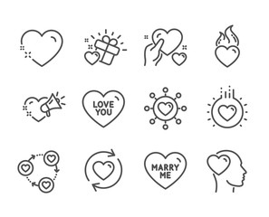 Set of Love icons, such as Love you, Heart, Love message, Friends community, Update relationships, Dating network, Hold heart, Friend, Marry me line icons. Sweetheart, Relationships network. Vector