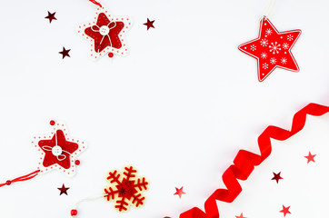 Top view frame mockup Christmas or Party Background with Xmas Decorations, stars and ribbons in Red and White. Copy space for text