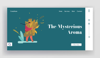 Perfume Creation Website Landing Page. Young Woman Carry Huge Bunch of Herbs, Seasoning and Spices Ingredient for Making Scent and Herbal Aroma Therapy Web Page Banner Cartoon Flat Vector Illustration