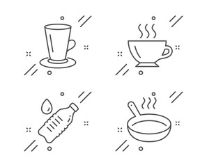 Teacup, Coffee and Water bottle line icons set. Frying pan sign. Tea or latte, Cappuccino, Still drink. Cooking utensil. Food and drink set. Line teacup outline icon. Vector