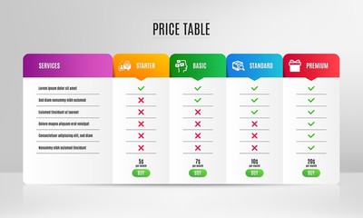 Search package, Messages and Idea icons simple set. Pricing table, price list. Gift box sign. Tracking service, Notifications, Solution. Present package. Business set. Vector