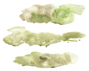 Abstract watercolor hand painted beige and green lose form spot set isolated on white. Clouds and smears granulated art effect with texture. Hand painted beautiful stains for collage stationery poster