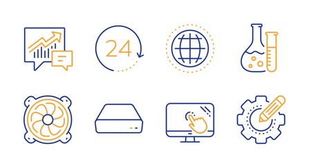 Mini pc, Globe and Chemistry lab line icons set. Computer fan, Accounting and Touch screen signs. 24 hours, Settings gear symbols. Computer, Internet world. Science set. Line mini pc icon. Vector