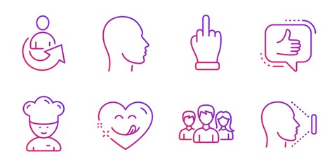 Like, Yummy smile and Middle finger line icons set. Teamwork, Head and Share signs. Cooking chef, Face id symbols. Thumbs up, Comic heart. People set. Gradient like icon. Vector