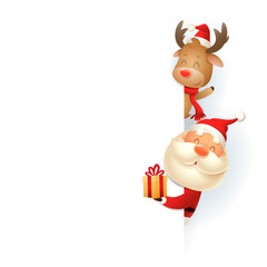 Santa Claus and Reindeer on right side of board - vector illustration isolated on white background