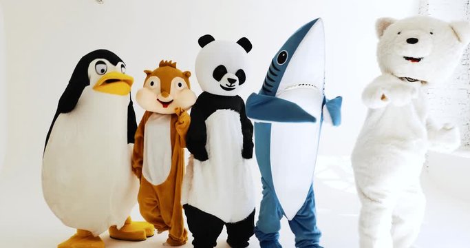 Polar bear and animal mascots characters with a message for humanity, about global warming and pollution problems on our planet