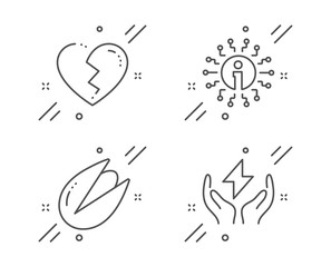 Info, Broken heart and Pistachio nut line icons set. Safe energy sign. Information, Love end, Vegetarian food. Thunderbolt. Business set. Line info outline icon. Vector