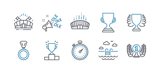 Set of Sports icons, such as Winner podium, Arena stadium, Winner, Ole chant, Timer, Medal, Swimming pool, Sports arena, Award cup, Laureate award line icons. Line winner podium icon. Vector