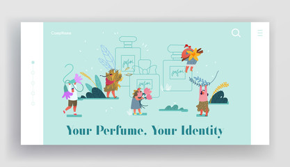 Perfumery Composition Creation Website Landing Page. Perfumers Create New Perfume Fragrance. People Bring Aroma Ingredients to Huge Sprayer Bottle Web Page Banner. Cartoon Flat Vector Illustration