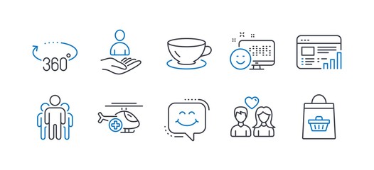 Set of Business icons, such as Medical helicopter, Web report, Couple love, Espresso, Recruitment, Smile chat, Group, 360 degrees, Smile, Online buying line icons. Sky transport, Graph chart. Vector