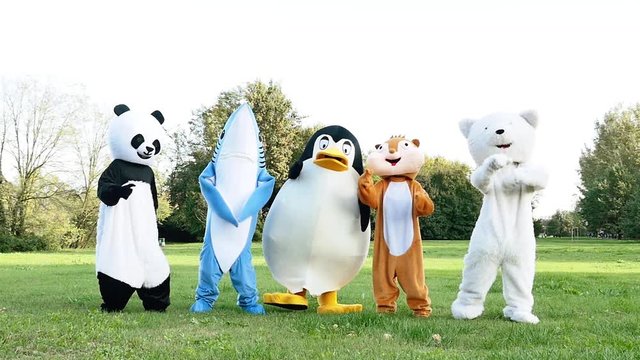 Group of mascots doing party. Concept about carnival, animals rights and lifestyle