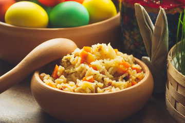 Rice pilaf with carrots and raisins for Easter