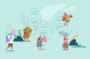 Perfumery Composition Creation. Tiny Male and Female Perfumers Create New Perfume Fragrance. People Bring Aroma Ingredients to Huge Sprayer Bottle with Toilet Water. Cartoon Flat Vector Illustration