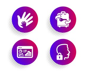 Fototapeta premium Seo statistics, Social responsibility and Luggage icons simple set. Halftone dots button. Unlock system sign. Analytics chart, Hand, Baggage locker. Access granted. Business set. Vector