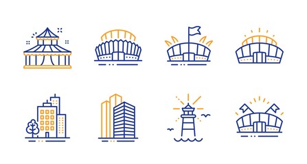 Lighthouse, Buildings and Sports stadium line icons set. Arena, Arena stadium and Circus signs. Skyscraper buildings symbol. Navigation beacon, City architecture. Buildings set. Vector