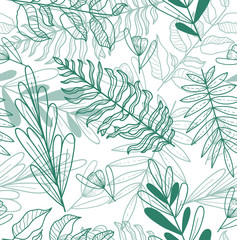 Seampless floral hand drawn green pattern.