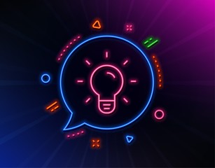 Light Bulb line icon. Neon laser lights. Lamp sign. Idea, Solution or Thinking symbol. Glow laser speech bubble. Neon lights chat bubble. Banner badge with light bulb icon. Vector