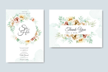wedding invitation card with watercolor floral and leaves