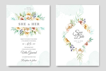 Fototapeta na wymiar wedding invitation card with watercolor floral and leaves