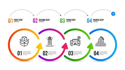 Roller coaster sign. Infographics timeline. Packing boxes, Lighthouse and Parking line icons set. Delivery package, Searchlight tower, Car park. Attraction park. Transportation set. Vector