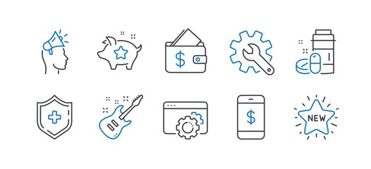 Fototapeta premium Set of Business icons, such as Medical drugs, Brand ambassador, Electric guitar, Loyalty points, Customisation, Seo gear, Wallet, Smartphone payment, Medical shield, New star line icons. Vector