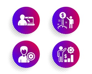Online education, Support and Income money icons simple set. Halftone dots button. Employees wealth sign. Internet lectures, Edit profile, Wealth. Results chart. People set. Vector