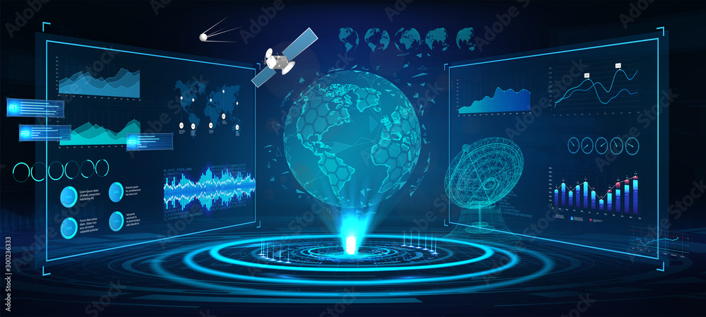 Aufkleber futuristic earth globe hologram and hud interface panels, with 3d antenna and satellites. сontrol ce